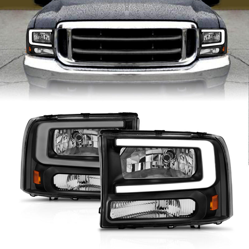 ANZO 99-04 Ford F250/F350/F450/Excursion (excl. 99) Crystal Headlights - w/ Light Bar Black Housing-Headlights-Deviate Dezigns (DV8DZ9)