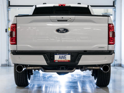 AWE 0FG 21+ Ford F150 Dual Split Rear Exhaust - 5in Chrome Silver Tips-Catback-Deviate Dezigns (DV8DZ9)