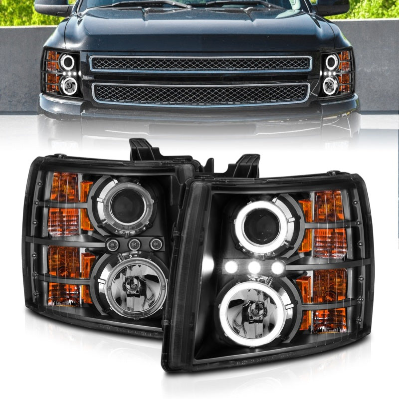 ANZO 2007-2013 Chevrolet Silverado 1500 Projector Headlights w/ Halo Black-Headlights-Deviate Dezigns (DV8DZ9)