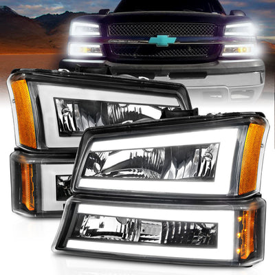 ANZO 2003-2006 Chevrolet Silverado 1500 Crystal Headlights w/ Light Bar Black Housing-Headlights-Deviate Dezigns (DV8DZ9)