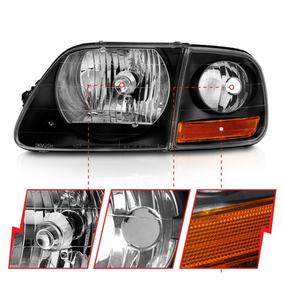 ANZO 1997-2003 Ford F150 Crystal Headlight Black w/ Parking Light-Headlights-Deviate Dezigns (DV8DZ9)