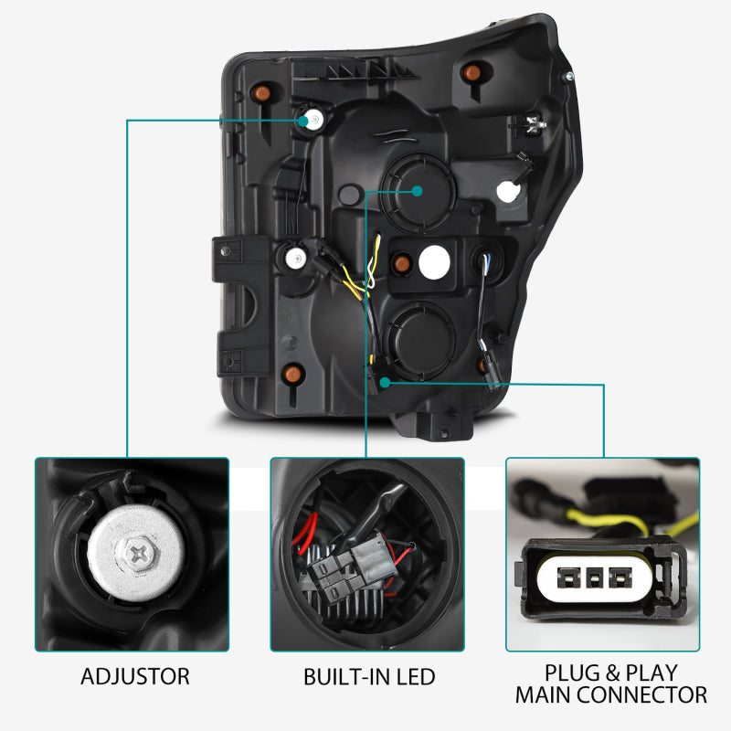 AlphaRex 11-16 Ford F-350 SD LUXX LED Proj Headlights Plank Style Black w/Activ Light/Seq Signal-Headlights-Deviate Dezigns (DV8DZ9)