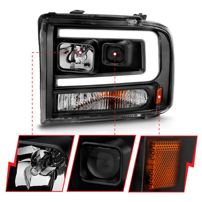 ANZO 99-04 Ford F250/F350/F450/Excursion (excl 99) Projector Headlights - w/ Light Bar Black Housing-Headlights-Deviate Dezigns (DV8DZ9)