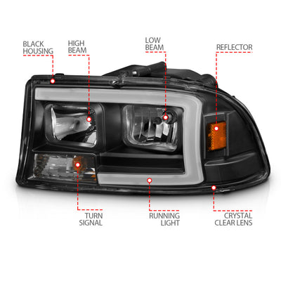 ANZO 97-04 Dodge Dakota/Durango Crystal headlight Set w/ Light Bar Black Housing-Headlights-Deviate Dezigns (DV8DZ9)