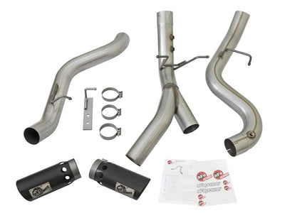 aFe ATLAS 4in DPF-Back Alum Steel Exhaust System w/Dual Exit Black Tip 2017 GM Duramax 6.6L (td)-DPF Back-Deviate Dezigns (DV8DZ9)