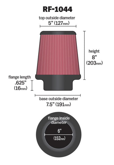 K&N Round Tapered Universal Air Filter 6 inch Flange 7.5 inch Base 5 inch Top 8 inch Height-Air Filters - Universal Fit-Deviate Dezigns (DV8DZ9)