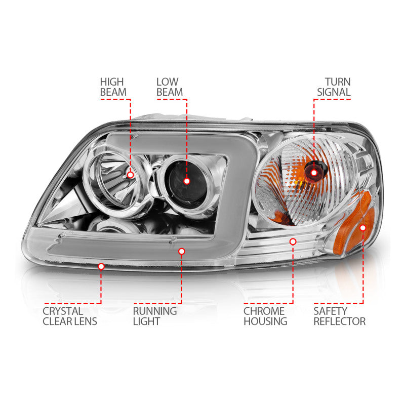 ANZO 1997-2003 Ford F-150 Projector Headlights w/ Light Bar Chrome Housing-Headlights-Deviate Dezigns (DV8DZ9)