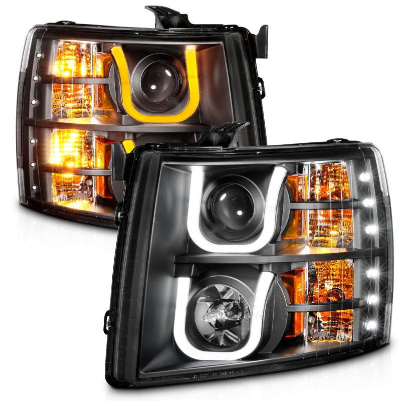 ANZO 2007-2013 Chevrolet Silverado 1500/2500 Projector Headlights w/ U-Bar Switchback Black w/ Amber-Headlights-Deviate Dezigns (DV8DZ9)