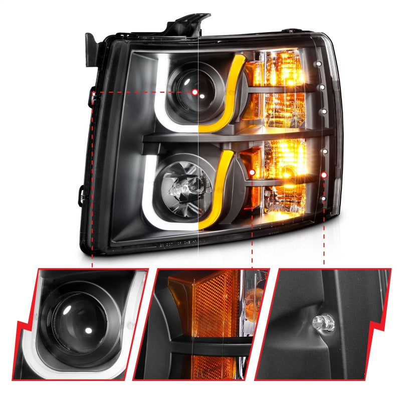 ANZO 2007-2013 Chevrolet Silverado 1500/2500 Projector Headlights w/ U-Bar Switchback Black w/ Amber-Headlights-Deviate Dezigns (DV8DZ9)