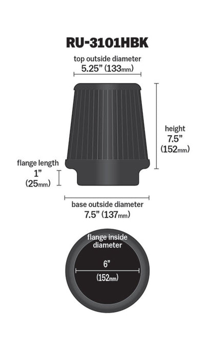 K&N Universal Rubber Filter Round Tapered 6in Flange ID x 7.5in Base OD x 5.25in Top OD x 8in Height-Air Filters - Universal Fit-Deviate Dezigns (DV8DZ9)