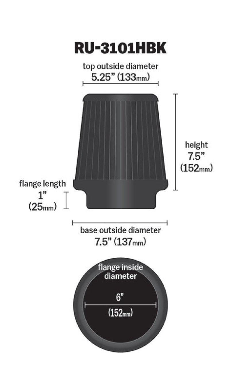 K&N Universal Rubber Filter Round Tapered 6in Flange ID x 7.5in Base OD x 5.25in Top OD x 8in Height-Air Filters - Universal Fit-Deviate Dezigns (DV8DZ9)