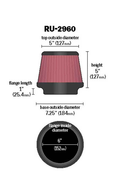 K&N Universal Tapered Filter 6in Flange ID x 7.5in Base OD x 5in Top OD x 5in Height-Air Filters - Universal Fit-Deviate Dezigns (DV8DZ9)