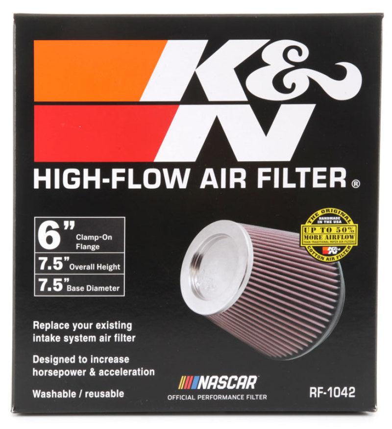 K&N Round Tapered Universal Air Filter 6in Flange ID x 7.5in Base OD x 5in Top OD x 6.5in Height-Air Filters - Universal Fit-Deviate Dezigns (DV8DZ9)