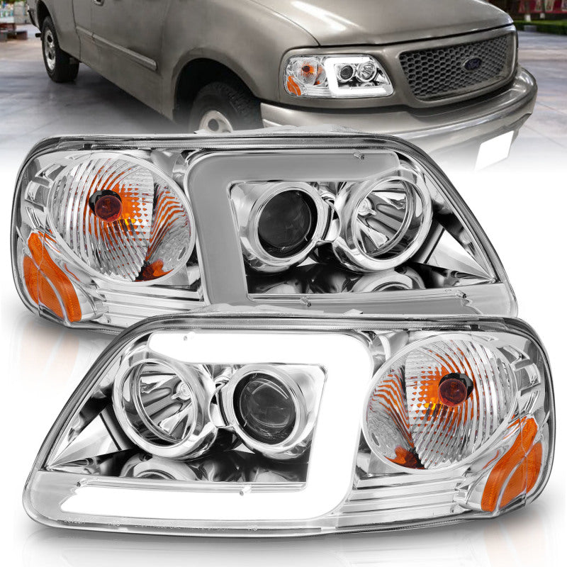 ANZO 1997-2003 Ford F-150 Projector Headlights w/ Light Bar Chrome Housing-Headlights-Deviate Dezigns (DV8DZ9)