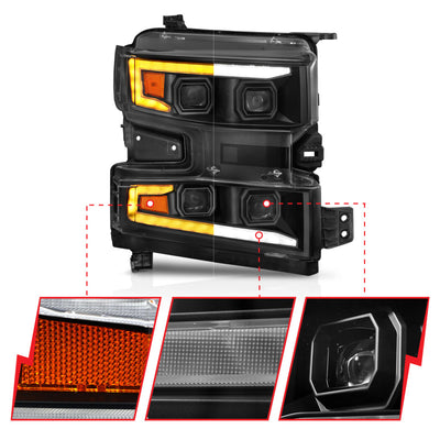 ANZO 19-22 Chevrolet Silverado 1500 LED Proj HL w/Lgt Bar SwBk Seq. Blk w/In. Light - Passenger Side-Headlights-Deviate Dezigns (DV8DZ9)