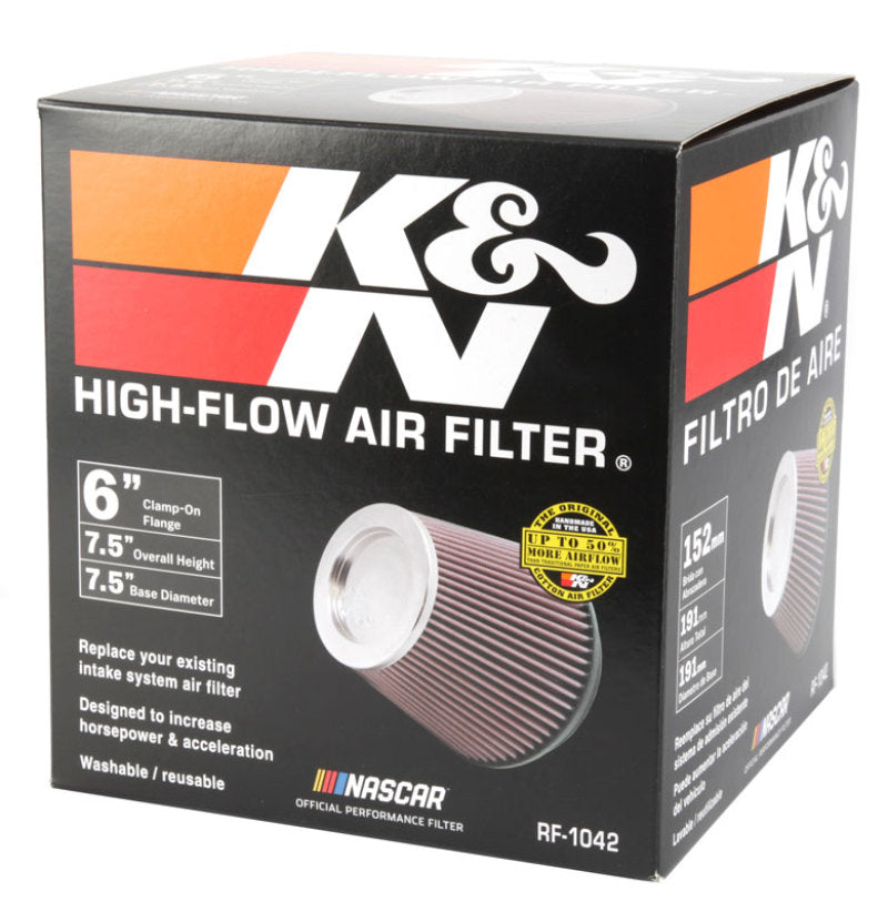 K&N Round Tapered Universal Air Filter 6in Flange ID x 7.5in Base OD x 5in Top OD x 6.5in Height-Air Filters - Universal Fit-Deviate Dezigns (DV8DZ9)