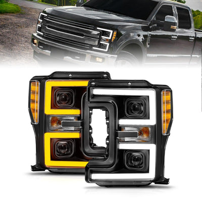 ANZO 17-19 Ford F-250/350/450 SD (w/o Factory LED) LED Proj Headlights w/Light Bar Switchback Blk-Headlights-Deviate Dezigns (DV8DZ9)