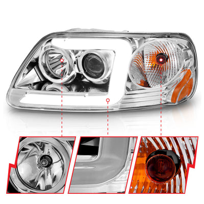 ANZO 1997-2003 Ford F-150 Projector Headlights w/ Light Bar Chrome Housing-Headlights-Deviate Dezigns (DV8DZ9)