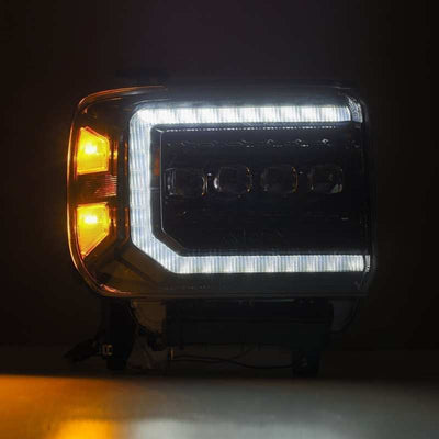 AlphaRex 14-18 GMC Sierra NOVA LED Proj Headlights Plnk Style Alpha Blk w/Activ Light/Seq Signal/DRL-Headlights-Deviate Dezigns (DV8DZ9)