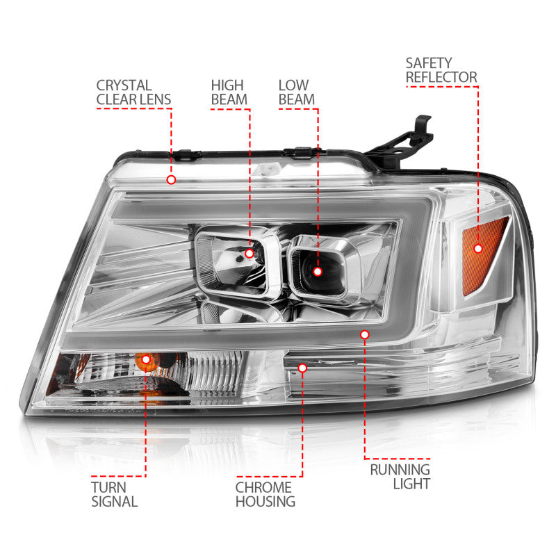 ANZO 2004-2008 Ford F-150 Projector Headlights w/ Light Bar Chrome Housing-Headlights-Deviate Dezigns (DV8DZ9)