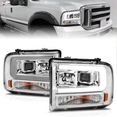 ANZO 99-04 Ford F250/F350/F450/Excursion (excl 99) Projector Headlights - w/Light Bar Chrome Housing-Headlights-Deviate Dezigns (DV8DZ9)