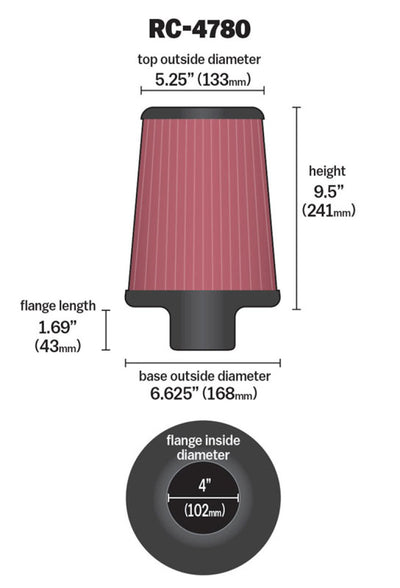 K&N Universal Filter Round Tapered 4in FlangeID / 6.625in Base OD / 5.25in Top OD / 9.5in Height-Air Filters - Universal Fit-Deviate Dezigns (DV8DZ9)