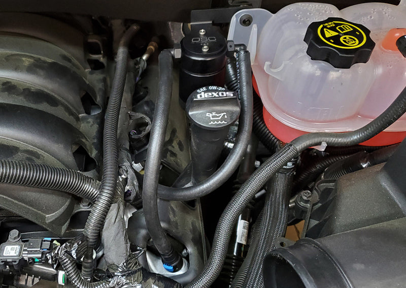 J&amp;L 19-24 Chevrolet Silverado/GMC Sierra 1500 5.3L V8 Driver Side Oil Separator 3.0 - Black Anod-Oil Separators-Deviate Dezigns (DV8DZ9)