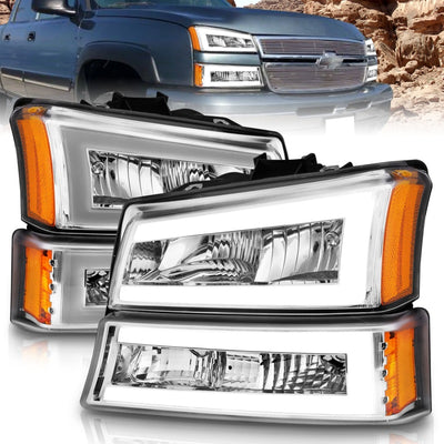 ANZO 2003-2006 Chevrolet Silverado 1500 Crystal Headlights w/ Light Bar Chrome Housing-Headlights-Deviate Dezigns (DV8DZ9)