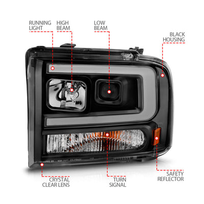 ANZO 99-04 Ford F250/F350/F450/Excursion (excl 99) Projector Headlights - w/ Light Bar Black Housing-Headlights-Deviate Dezigns (DV8DZ9)