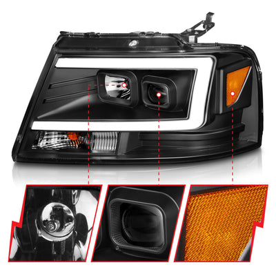 ANZO 2004-2008 Ford F-150 Projector Headlights w/ Light Bar Black Housing-Headlights-Deviate Dezigns (DV8DZ9)