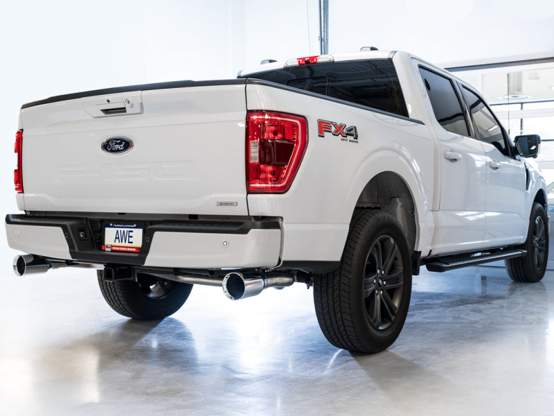 AWE 0FG 21+ Ford F150 Dual Split Rear Exhaust - 5in Chrome Silver Tips-Catback-Deviate Dezigns (DV8DZ9)