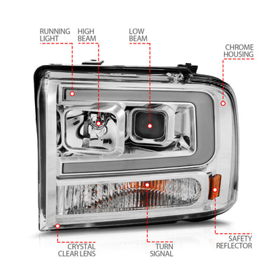 ANZO 99-04 Ford F250/F350/F450/Excursion (excl 99) Projector Headlights - w/Light Bar Chrome Housing-Headlights-Deviate Dezigns (DV8DZ9)