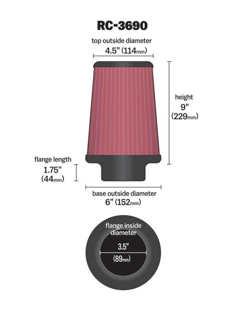 K&N Universal Chrome Filter 3 1/2 inch ID FLG / 6 inch Bottom / 4 1/2 inch CR / 9 inch Length-Air Filters - Universal Fit-Deviate Dezigns (DV8DZ9)