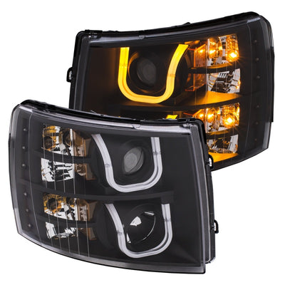 ANZO 2007-2013 Chevrolet Silverado 1500/2500 Projector Headlights w/ U-Bar Switchback Black w/ Amber-Headlights-Deviate Dezigns (DV8DZ9)