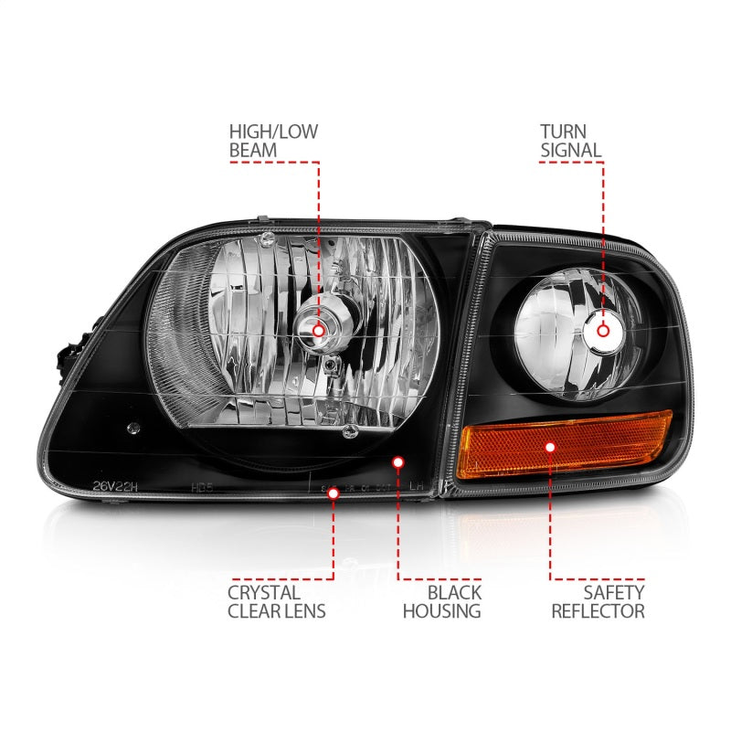 ANZO 1997-2003 Ford F150 Crystal Headlight Black w/ Parking Light-Headlights-Deviate Dezigns (DV8DZ9)