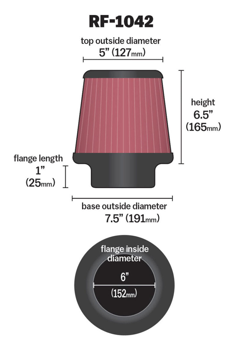 K&N Round Tapered Universal Air Filter 6in Flange ID x 7.5in Base OD x 5in Top OD x 6.5in Height-Air Filters - Universal Fit-Deviate Dezigns (DV8DZ9)