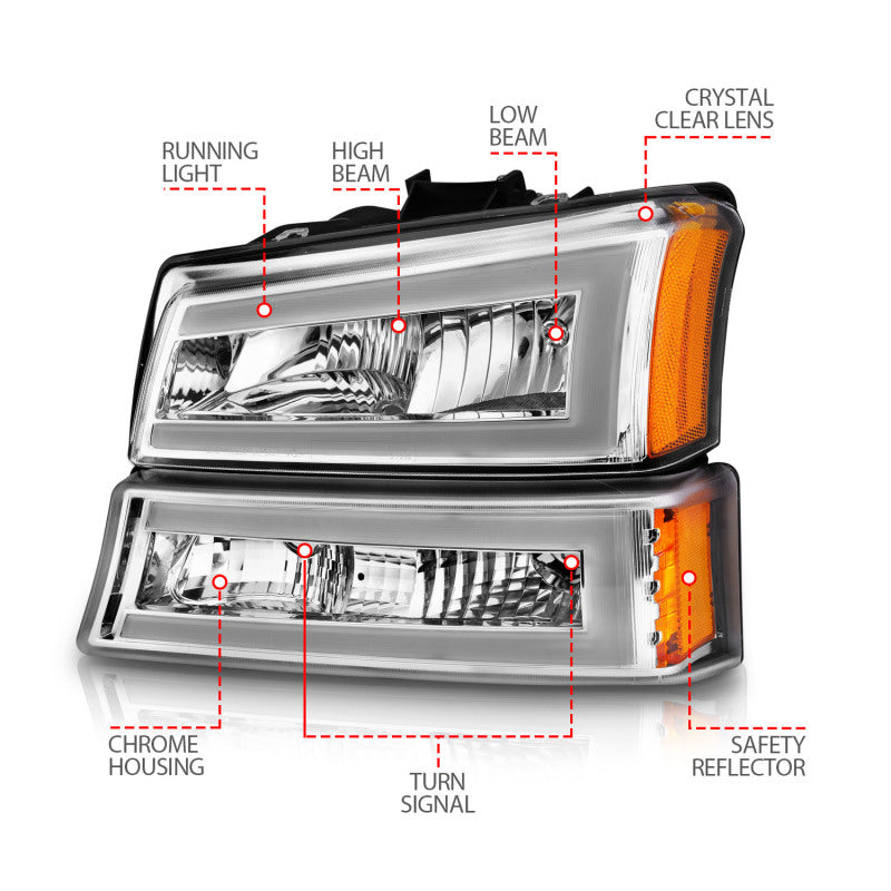 ANZO 2003-2006 Chevrolet Silverado 1500 Crystal Headlights w/ Light Bar Chrome Housing-Headlights-Deviate Dezigns (DV8DZ9)