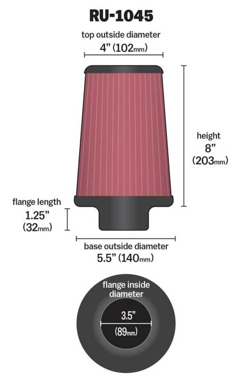 K&N Universal Tapered Filter 3.5in Flange ID x 5.5in Base OD x 4in Top OD x 8in Height-Air Filters - Universal Fit-Deviate Dezigns (DV8DZ9)