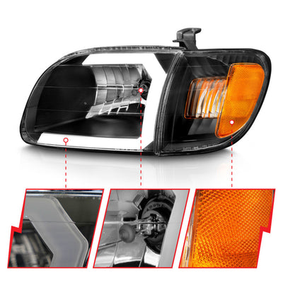 ANZO 00-04 Toyota Tundra (Fits Reg/Acc Cab Only) Crystal Headlights w/Light Bar Black w/Corner Light-Headlights-Deviate Dezigns (DV8DZ9)