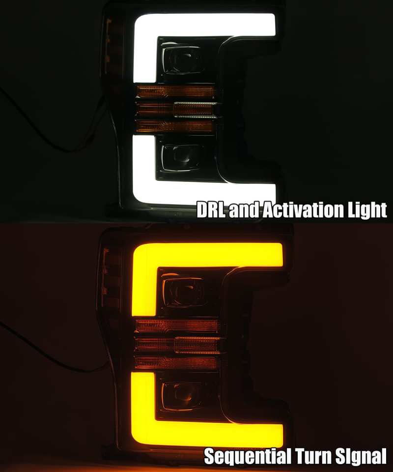 AlphaRex 17-19 Ford F-250 SD PRO-Series Proj Headlights Plank Style Black w/Activ Light/Seq Signal-Headlights-Deviate Dezigns (DV8DZ9)