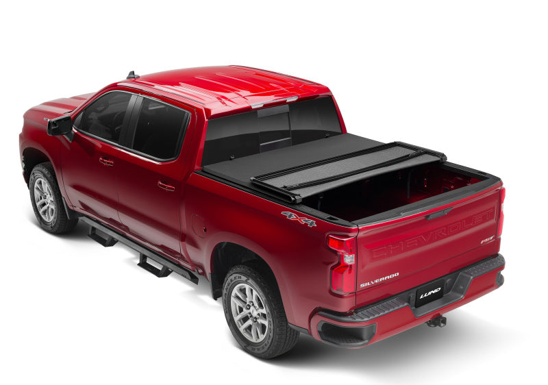 Lund 19-23 Chevrolet Silverado 1500 (5.5ft. Bed) Genesis Elite Tri-Fold Tonneau Cover - Black-Tonneau Covers - Soft Fold-Deviate Dezigns (DV8DZ9)