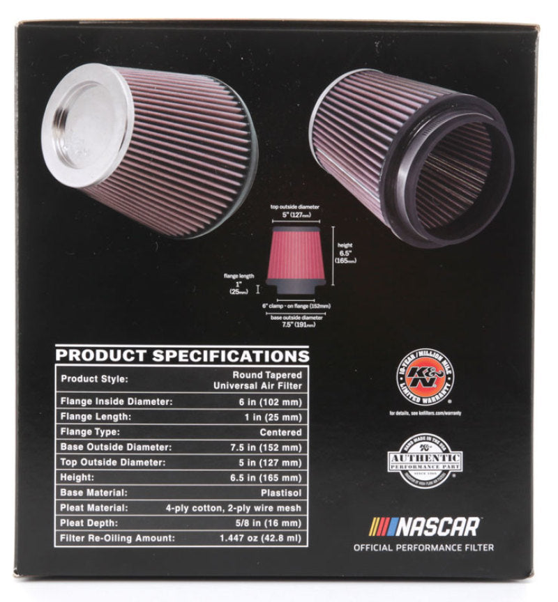 K&N Round Tapered Universal Air Filter 6in Flange ID x 7.5in Base OD x 5in Top OD x 6.5in Height-Air Filters - Universal Fit-Deviate Dezigns (DV8DZ9)