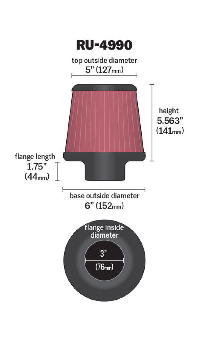 K&N Filter Universal Rubber Filter-Rd Tapered 3in Flange ID x 6in Base OD x 5in Top OD x 5.563in H-Air Filters - Universal Fit-Deviate Dezigns (DV8DZ9)