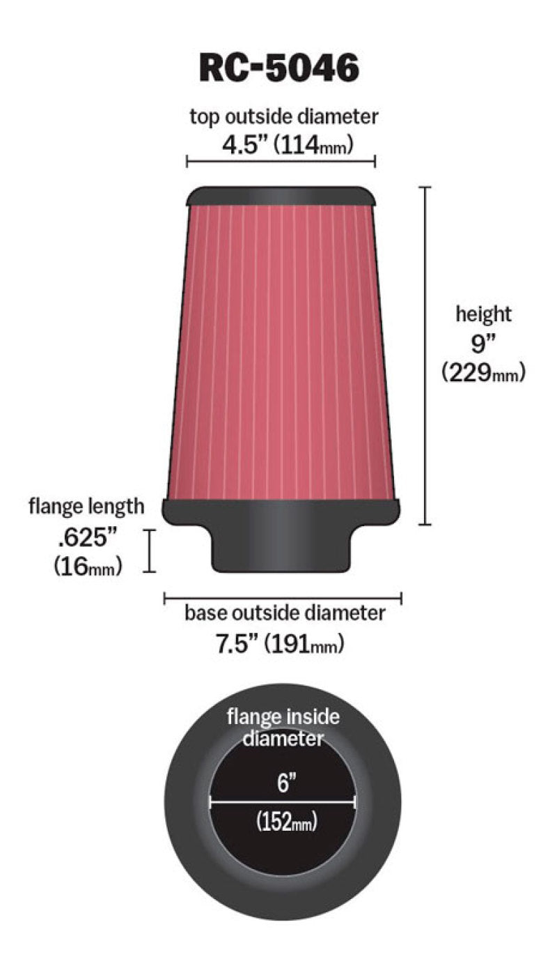 K&N Universal Chrome Filter 6 inch FLG / 7.5 inch Base / 4.5 inch Top / 9 inch Height-Air Filters - Universal Fit-Deviate Dezigns (DV8DZ9)