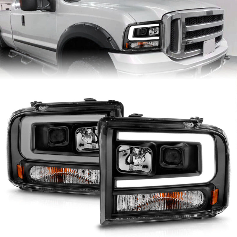 ANZO 99-04 Ford F250/F350/F450/Excursion (excl 99) Projector Headlights - w/ Light Bar Black Housing-Headlights-Deviate Dezigns (DV8DZ9)