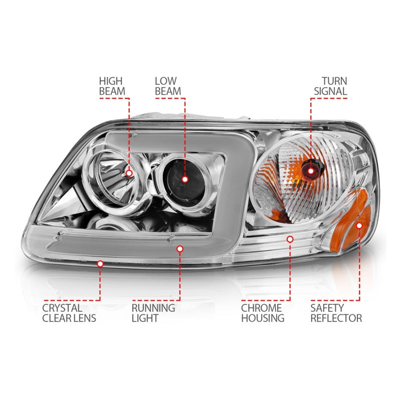 ANZO 1997-2003 Ford F-150 Projector Headlights w/ Light Bar Chrome Housing-Headlights-Deviate Dezigns (DV8DZ9)