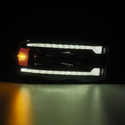 AlphaRex 02-05 Dodge Ram 1500 LUXX LED Proj Headlights Alpha Black w/Activ Light/Seq Signal-Headlights-Deviate Dezigns (DV8DZ9)