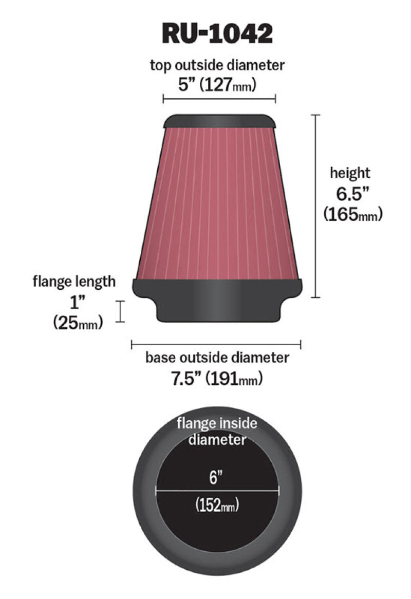 K&N Universal Clamp-On Air Filter 6in FLG / 7-1/2in B / 5in T / 6-1/2in H-Air Filters - Universal Fit-Deviate Dezigns (DV8DZ9)