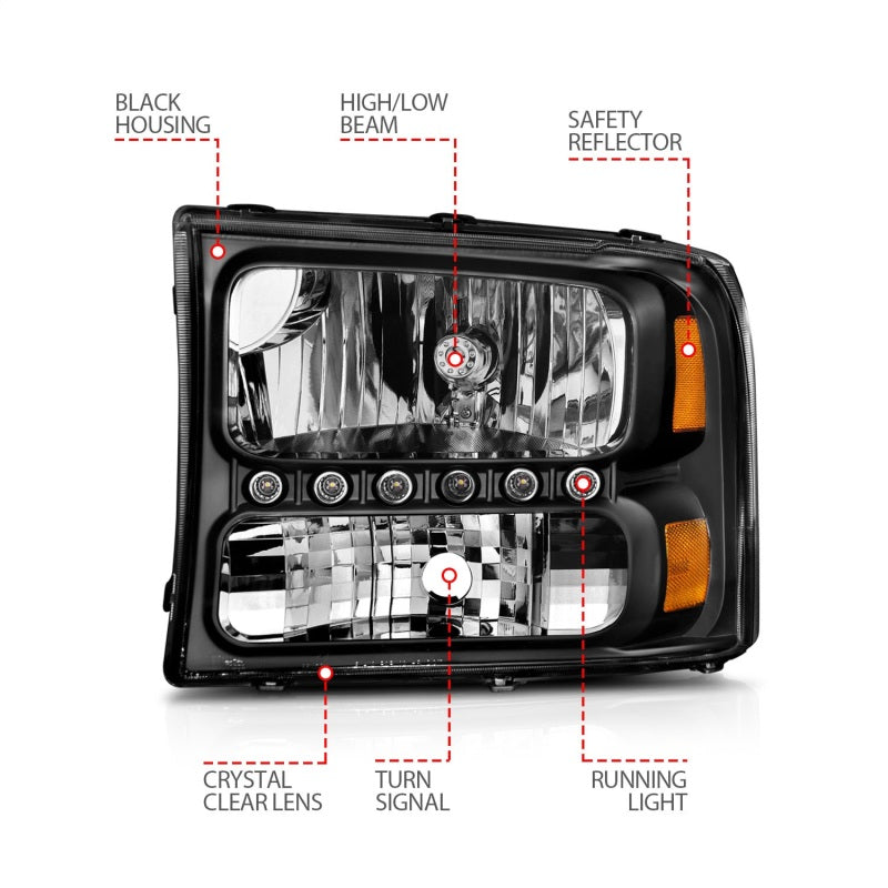 ANZO 2000-2004 Ford Excursion Crystal Headlights Black w/ LED 1pc-Headlights-Deviate Dezigns (DV8DZ9)