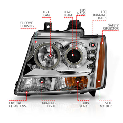 ANZO 2007-2013 Chevrolet Avalanche Projector Headlights w/ Halo Chrome-Headlights-Deviate Dezigns (DV8DZ9)